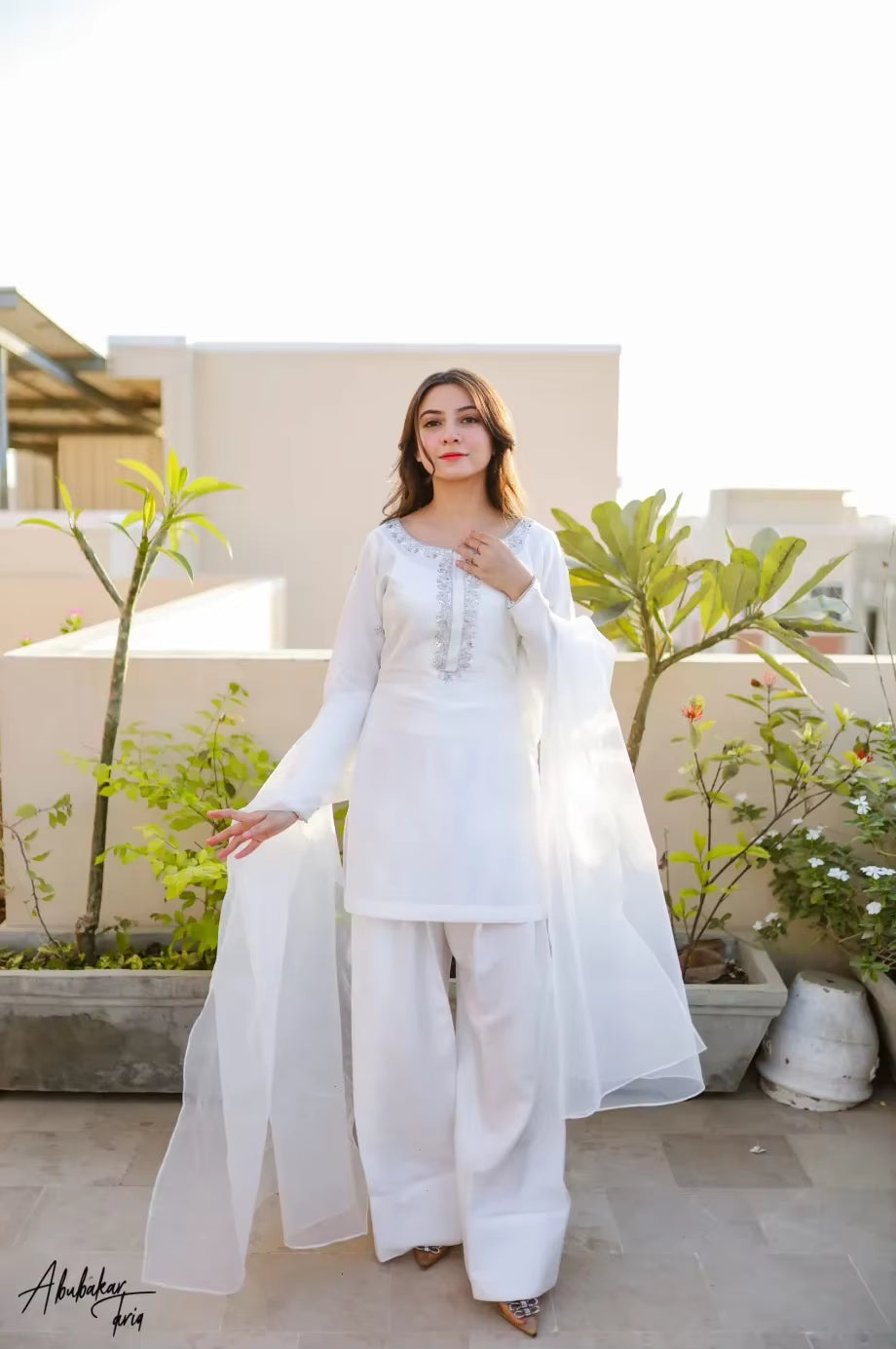 Solid White Hand Embellished Kurta with Farshiwali Shalwar and Dupatta Traditional Indian & Pakistani Clothing