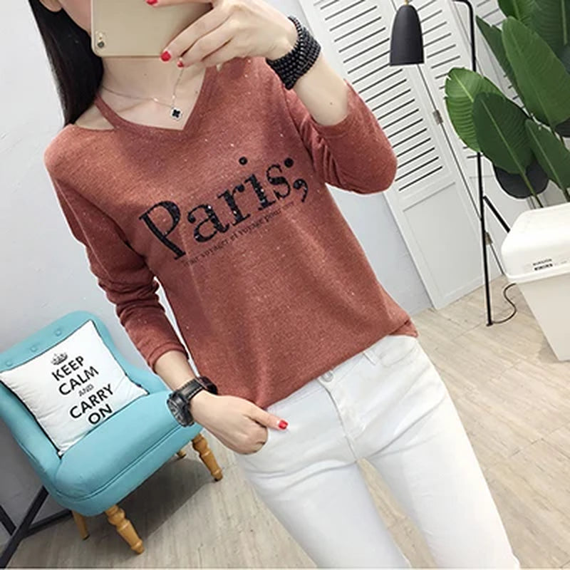 Tee Shirt Femme V-Neck T-Shirt Women Clothes 2022 Autumn Casual Diamonds Letter Tshirts Long Sleeve Tops Korean Woman Clothing