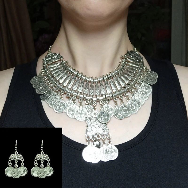 Vintage Silvery Beach Coins Choker Necklace Drop Earrings Set for Women Gypsy Tribal Afghan Pakistan Ethnic Dress Indian Jewelry