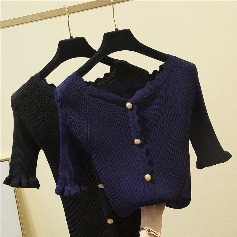 Knitted Sweaters for Women Slash Neck Short Sleeve Women Sweater Black Slim Top Button Sweater Mujer 2022 Summer Thin Pull Femme