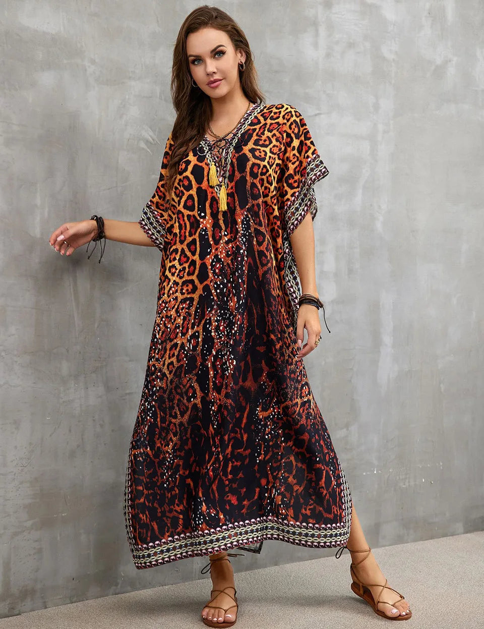 2023 Priint Maxi Dress Beach Cover up Kaftan Robe Plage Pareos V Neck Long Dresses Summer Women Bathing Suit Cover up Beachwear