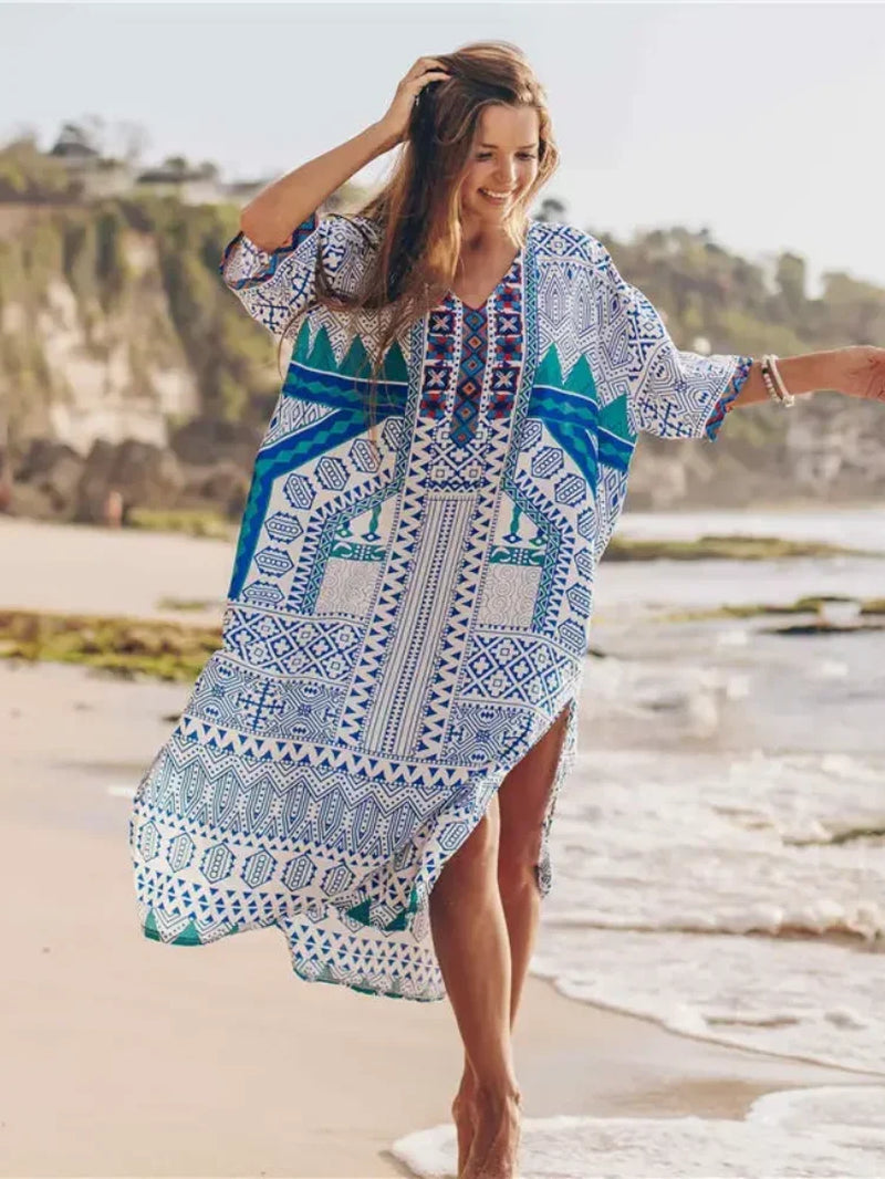 Blue V-Neck Printed Women'S Kaftan Oversized Beach Cover up Saida De Banho Para Praia Sarong Robe De Plage Cover up #Q652