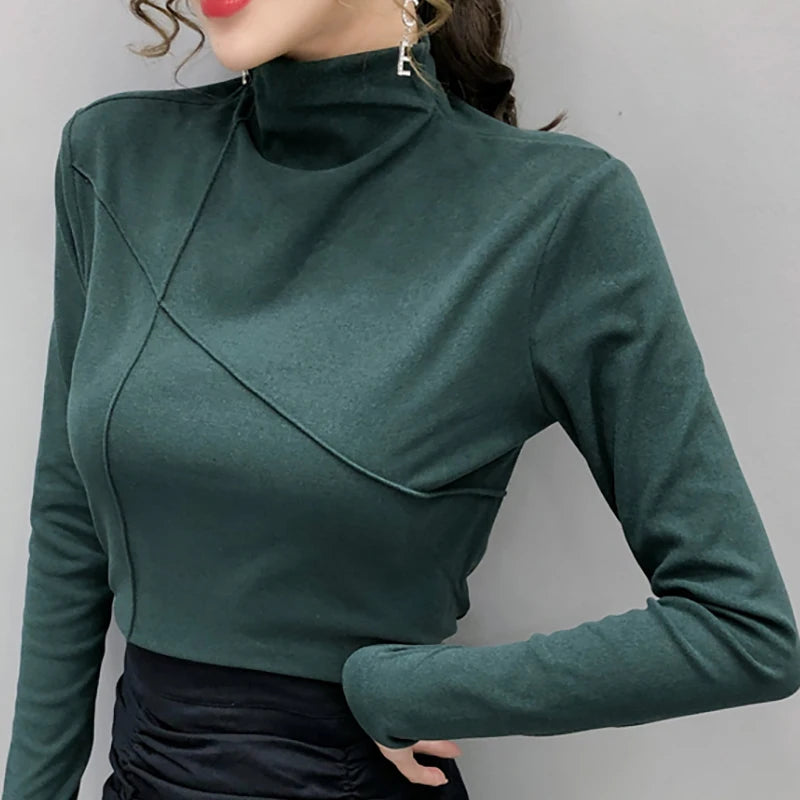 Turtleneck T Shirt Women Cotton Long Sleeve Top Tshirt Autumn Korean Style Womens Clothing Tee Shirt Femme Camisetas De Mujer