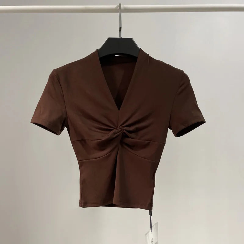 [] Cotton Summer Folds V Neck White Black Gray Short Sleeve Crop Top Basic Slim Bodycon Baby Tee Tshirt Women Y2K Girl