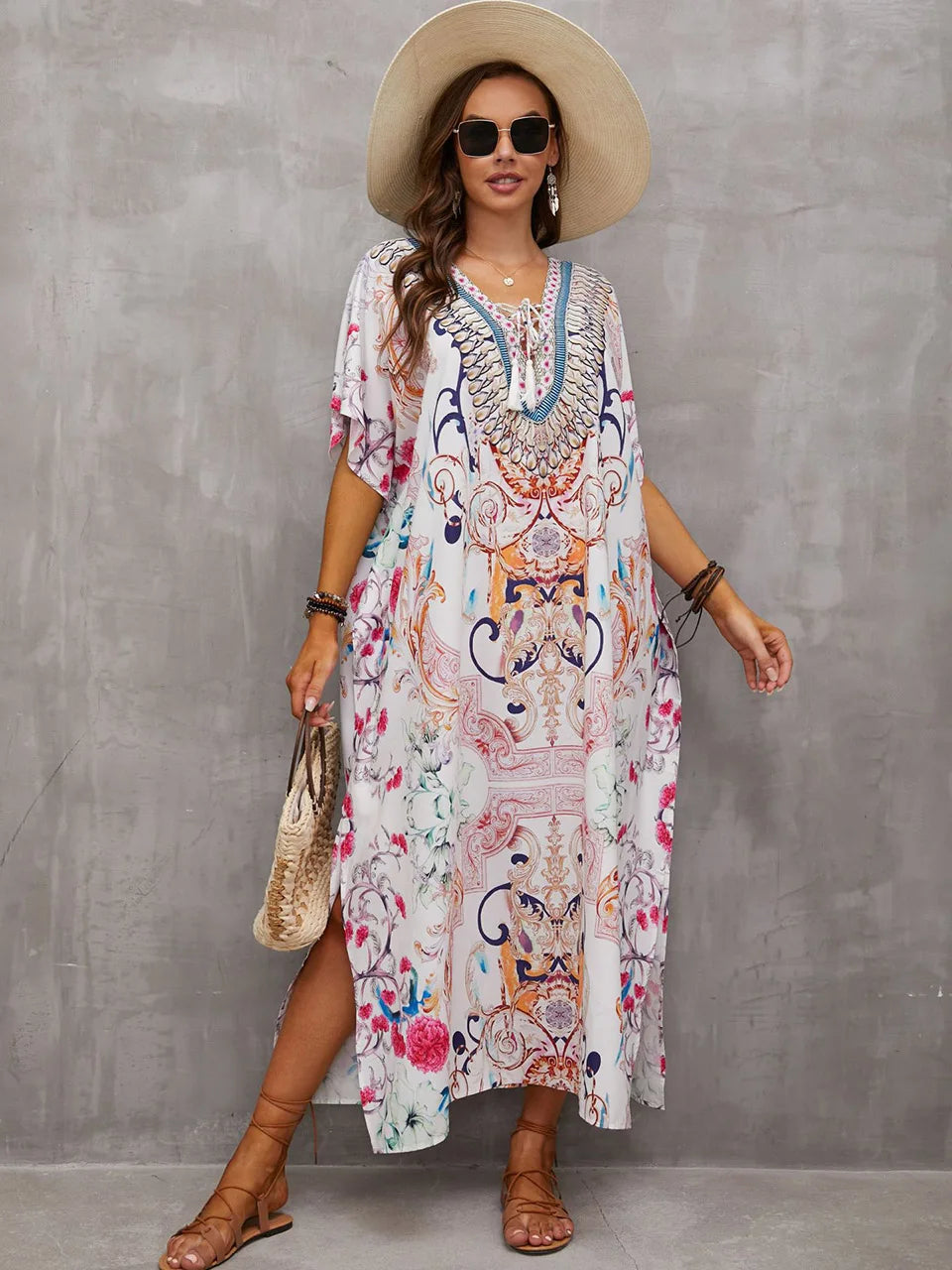 2023 Priint Maxi Dress Beach Cover up Kaftan Robe Plage Pareos V Neck Long Dresses Summer Women Bathing Suit Cover up Beachwear