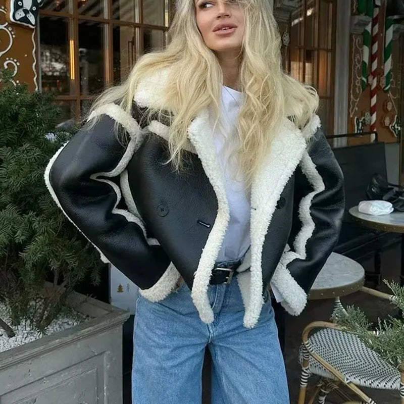 Women'S Winter Vintage Faux Leather Short Jacket Fashion Lapel Collar Thick Parkas Female Quality Outerwear Tops Clothing 2023