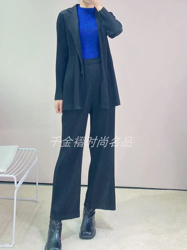 Womens Blazers Coats Miyak Pleated Fashion Solid Long Sleeve Button Spring/Autumn High Street Large Size Jackets Tide