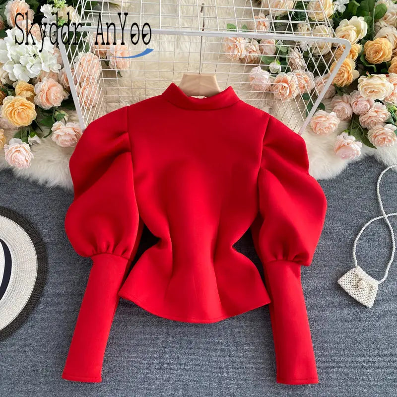 2020 Autumn Winter Women Blouse and Tops Half Turtleneck Puff Long Sleeve Front and Back 2 Ways Wear Slim Fashion Femme Shirts