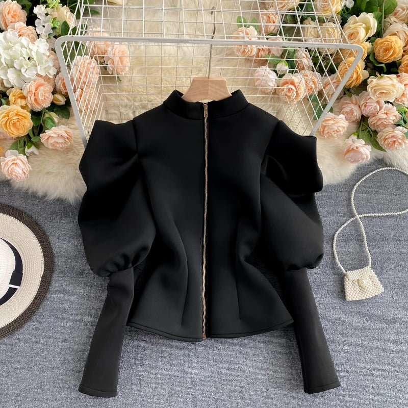 2020 Autumn Winter Women Blouse and Tops Half Turtleneck Puff Long Sleeve Front and Back 2 Ways Wear Slim Fashion Femme Shirts