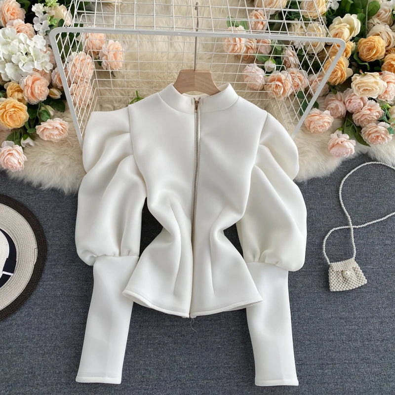 2020 Autumn Winter Women Blouse and Tops Half Turtleneck Puff Long Sleeve Front and Back 2 Ways Wear Slim Fashion Femme Shirts