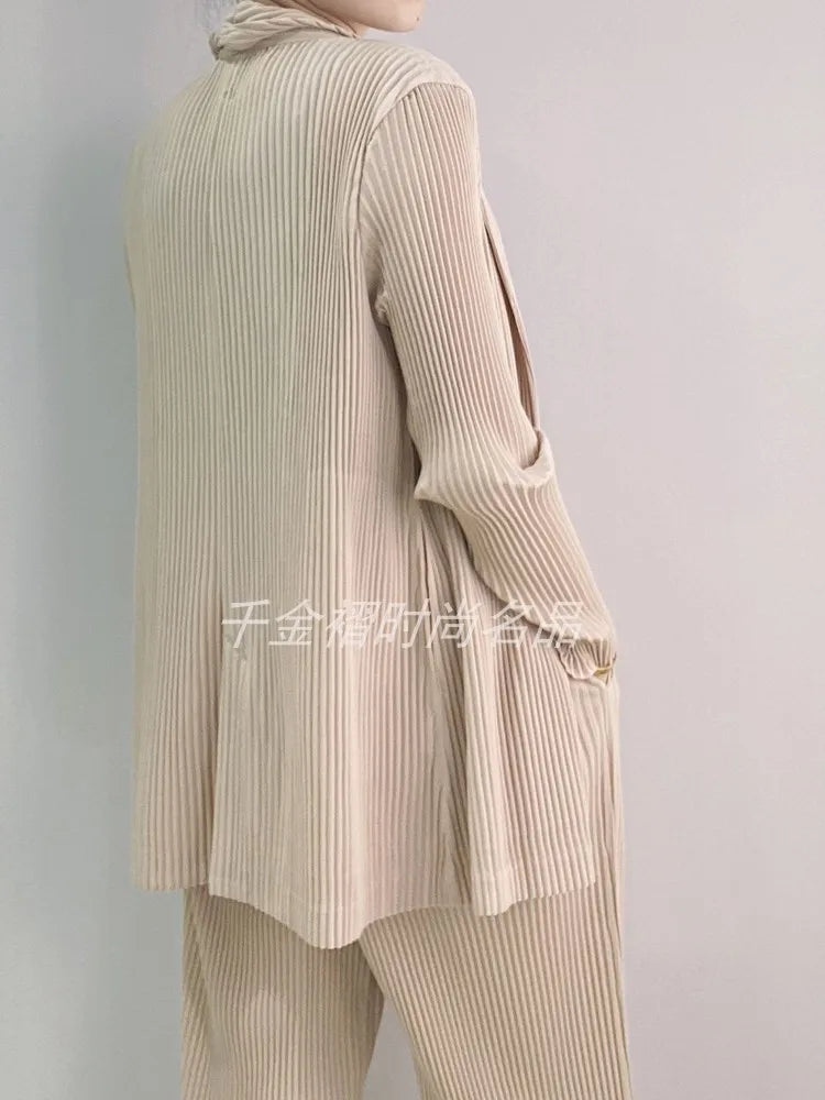 Womens Blazers Coats Miyak Pleated Fashion Solid Long Sleeve Button Spring/Autumn High Street Large Size Jackets Tide