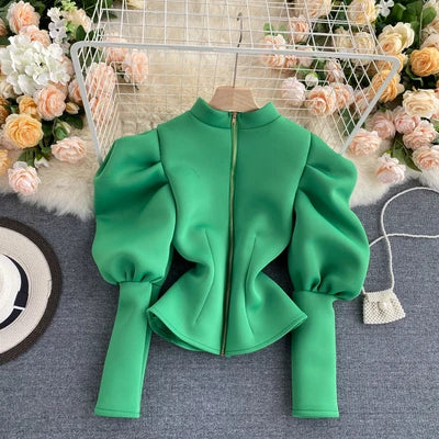 2020 Autumn Winter Women Blouse and Tops Half Turtleneck Puff Long Sleeve Front and Back 2 Ways Wear Slim Fashion Femme Shirts