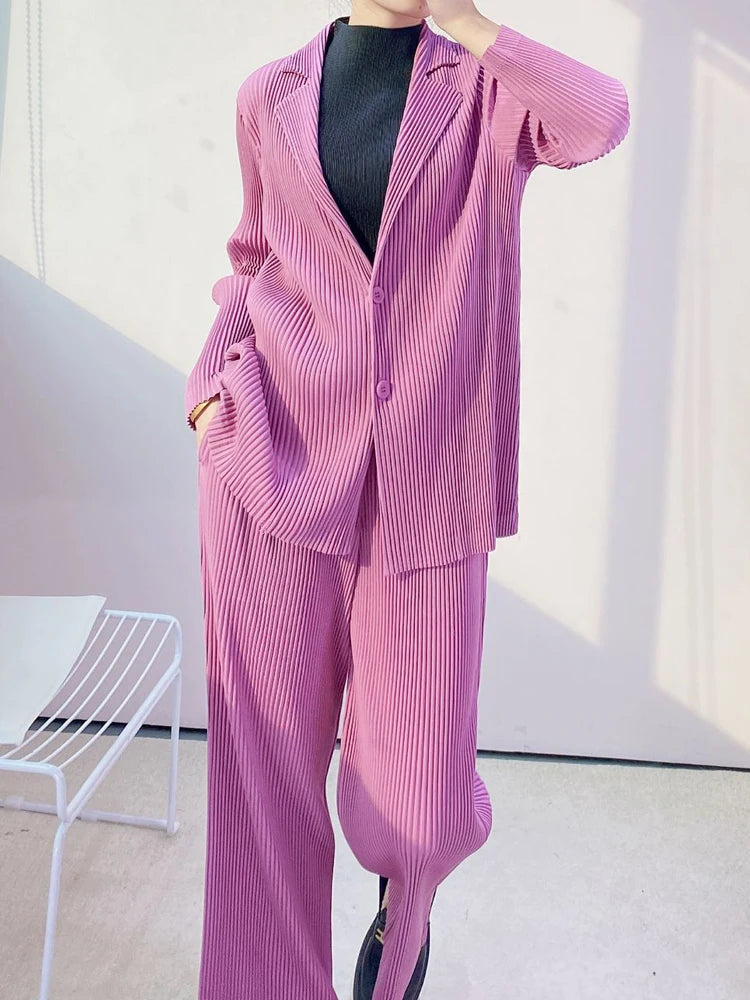 Womens Blazers Coats Miyak Pleated Fashion Solid Long Sleeve Button Spring/Autumn High Street Large Size Jackets Tide