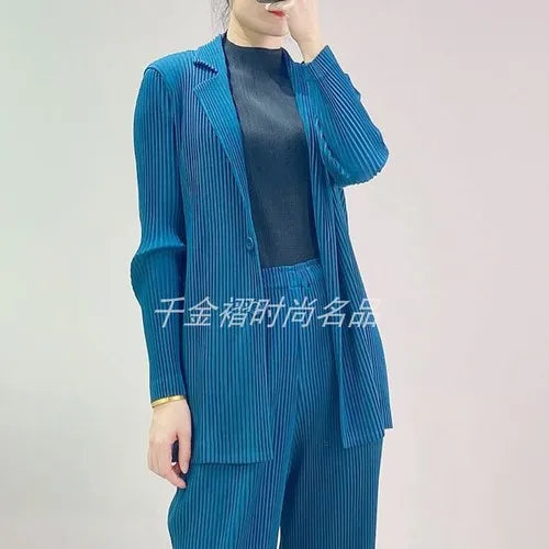 Womens Blazers Coats Miyak Pleated Fashion Solid Long Sleeve Button Spring/Autumn High Street Large Size Jackets Tide