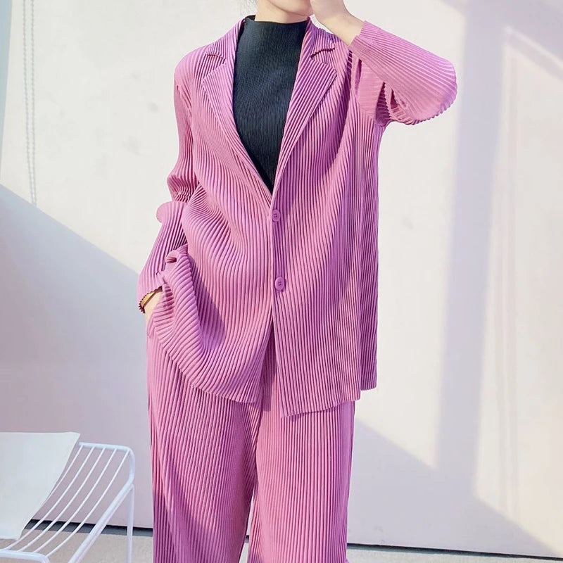 Womens Blazers Coats Miyak Pleated Fashion Solid Long Sleeve Button Spring/Autumn High Street Large Size Jackets Tide