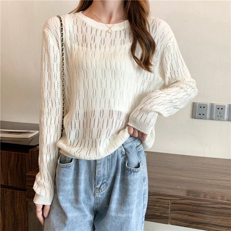 Lace Hollow Out Sexy Woman Elasticity Pullovers Autumn Translucent Elegant Sweater Lady Full Sleeve Hole Knitted Tops