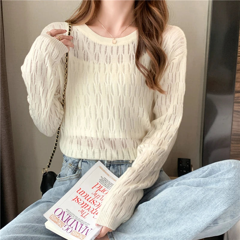 Lace Hollow Out Sexy Woman Elasticity Pullovers Autumn Translucent Elegant Sweater Lady Full Sleeve Hole Knitted Tops