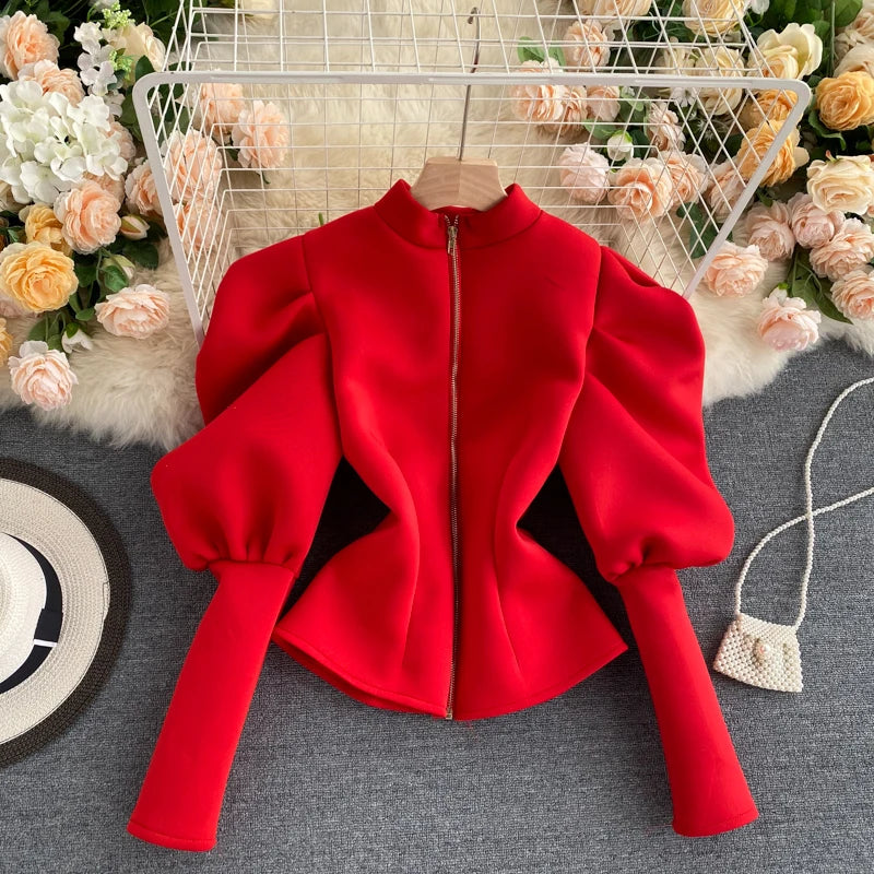 2020 Autumn Winter Women Blouse and Tops Half Turtleneck Puff Long Sleeve Front and Back 2 Ways Wear Slim Fashion Femme Shirts