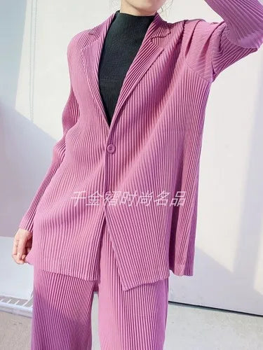 Womens Blazers Coats Miyak Pleated Fashion Solid Long Sleeve Button Spring/Autumn High Street Large Size Jackets Tide