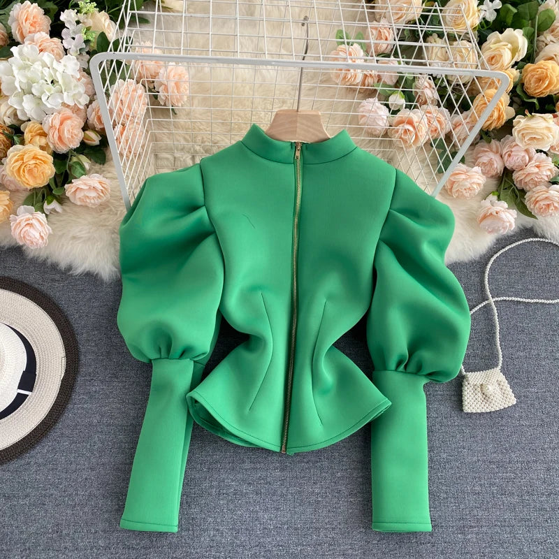 2020 Autumn Winter Women Blouse and Tops Half Turtleneck Puff Long Sleeve Front and Back 2 Ways Wear Slim Fashion Femme Shirts