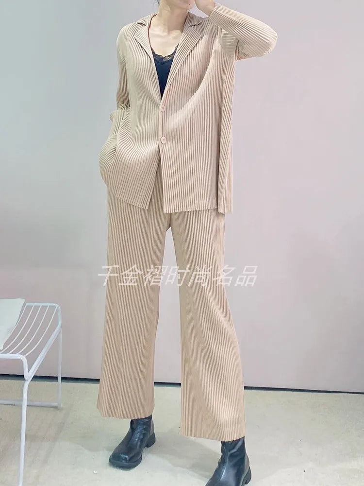 Womens Blazers Coats Miyak Pleated Fashion Solid Long Sleeve Button Spring/Autumn High Street Large Size Jackets Tide