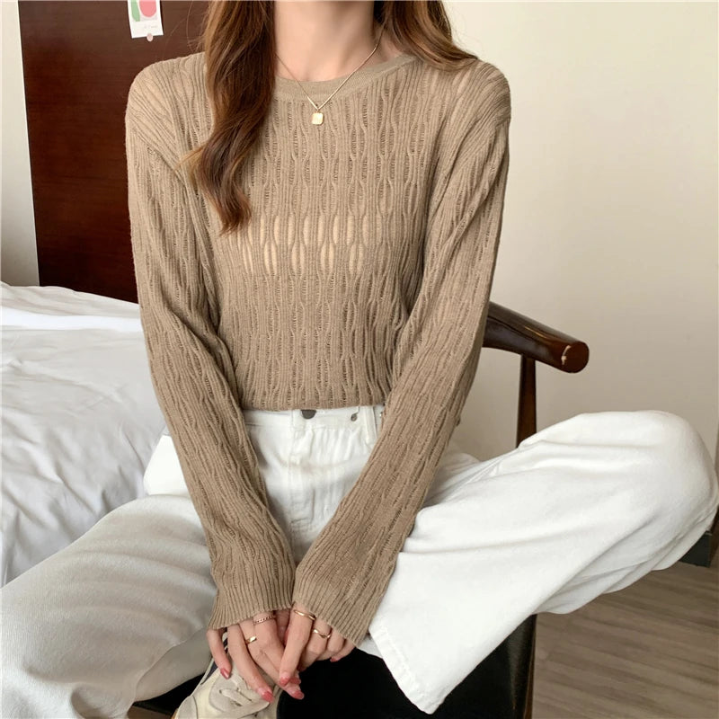 Lace Hollow Out Sexy Woman Elasticity Pullovers Autumn Translucent Elegant Sweater Lady Full Sleeve Hole Knitted Tops