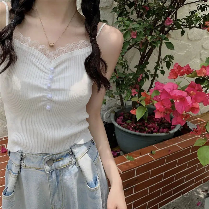 Lace Edge Tank Top with Knitted Women'S Design Sense Sweet and Spicy French Slim Fit Sexy Bottom Top
