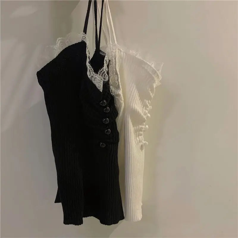 Lace Edge Tank Top with Knitted Women'S Design Sense Sweet and Spicy French Slim Fit Sexy Bottom Top