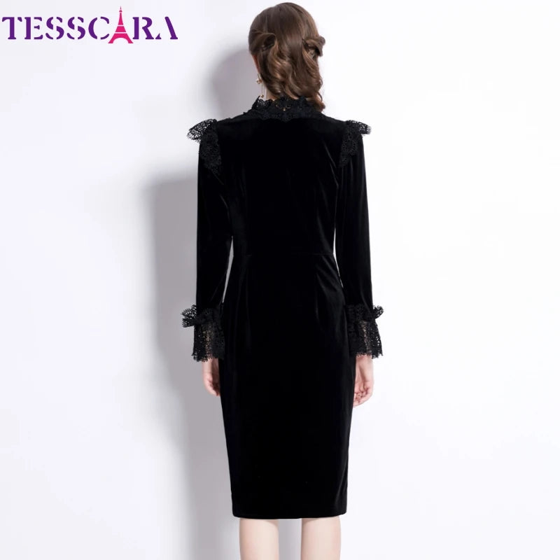 Women Autumn Winter Elegant Velvet Dress High Quality Office Lady Cocktail Party Vintage Lace Designer Pencil Vestidos