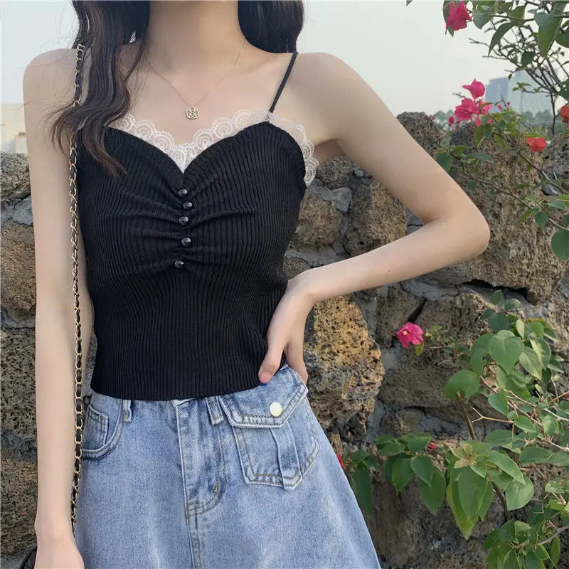 Lace Edge Tank Top with Knitted Women'S Design Sense Sweet and Spicy French Slim Fit Sexy Bottom Top