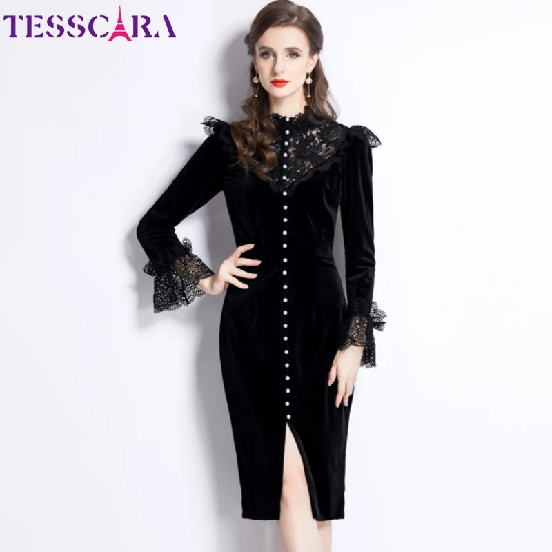 Women Autumn Winter Elegant Velvet Dress High Quality Office Lady Cocktail Party Vintage Lace Designer Pencil Vestidos