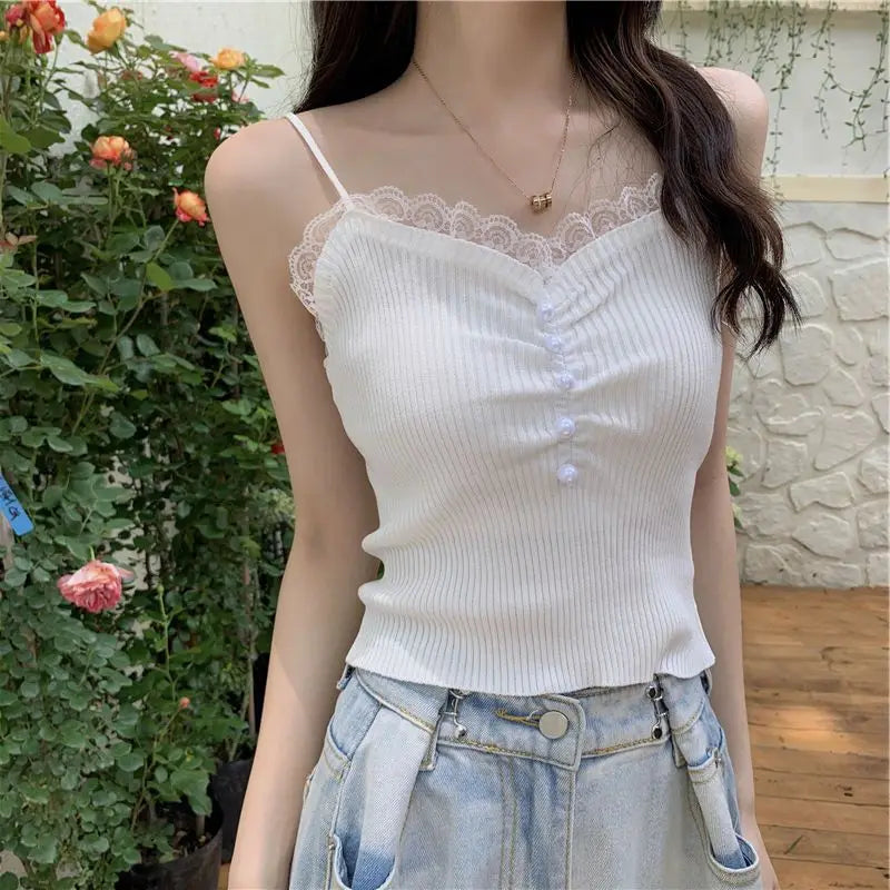 Lace Edge Tank Top with Knitted Women'S Design Sense Sweet and Spicy French Slim Fit Sexy Bottom Top
