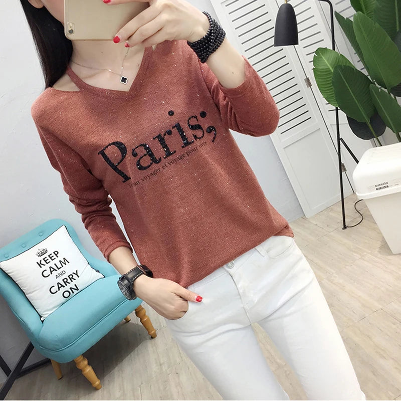 Tee Shirt Femme V-Neck T-Shirt Women Clothes 2022 Autumn Casual Diamonds Letter Tshirts Long Sleeve Tops Korean Woman Clothing