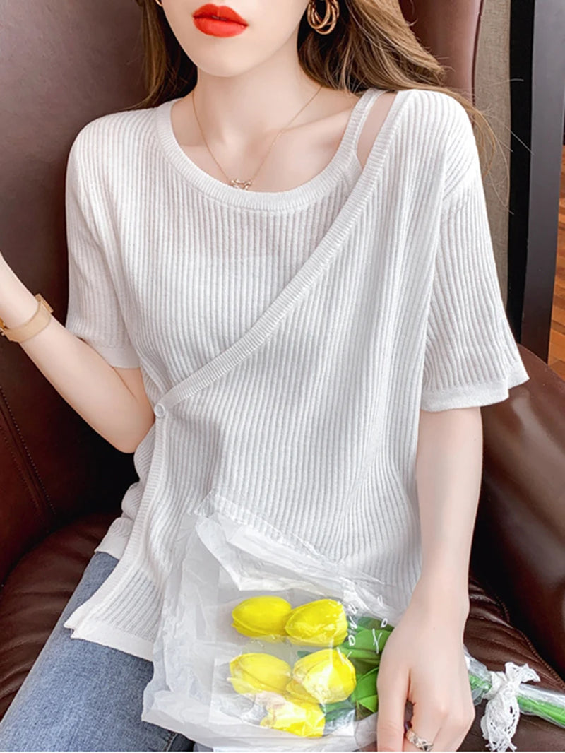New Irregular Striped T Shirt Women Fashion Womens Clothes Button up Top 2022 Summer New Ladies Knit Tops Short Sleeve Tees