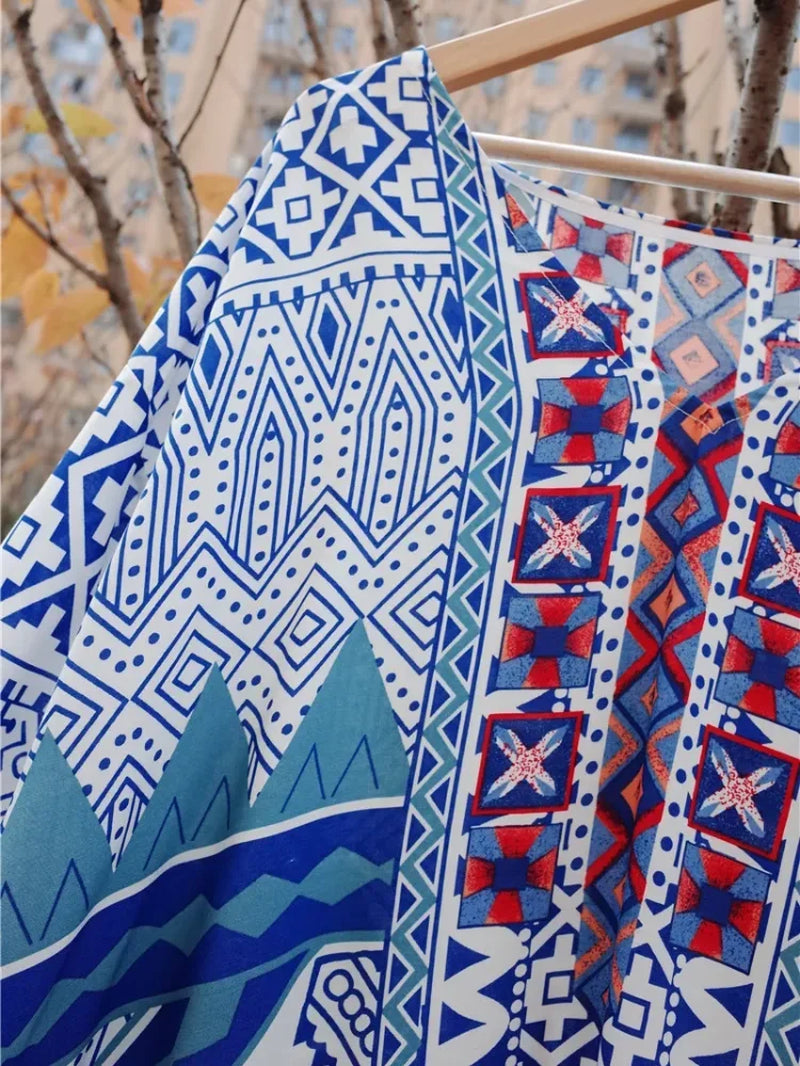 Blue V-Neck Printed Women'S Kaftan Oversized Beach Cover up Saida De Banho Para Praia Sarong Robe De Plage Cover up #Q652