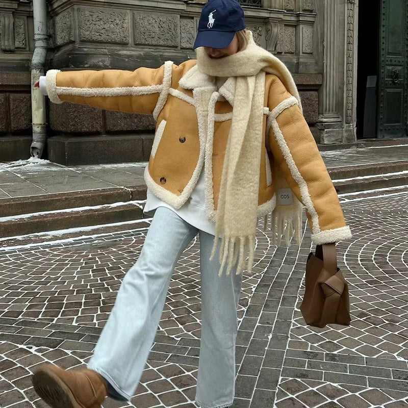 Women'S Winter Vintage Faux Leather Short Jacket Fashion Lapel Collar Thick Parkas Female Quality Outerwear Tops Clothing 2023