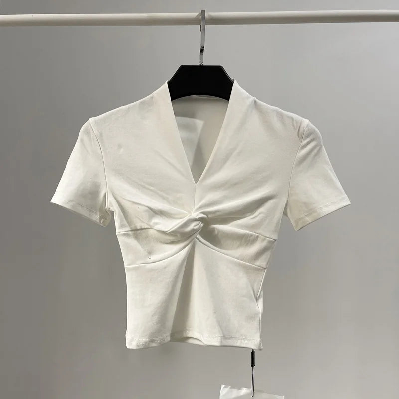 [] Cotton Summer Folds V Neck White Black Gray Short Sleeve Crop Top Basic Slim Bodycon Baby Tee Tshirt Women Y2K Girl