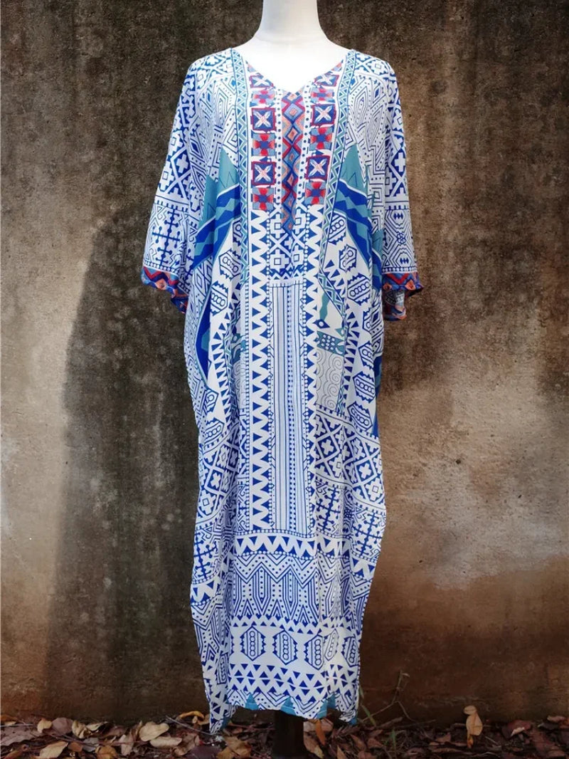 Blue V-Neck Printed Women'S Kaftan Oversized Beach Cover up Saida De Banho Para Praia Sarong Robe De Plage Cover up #Q652