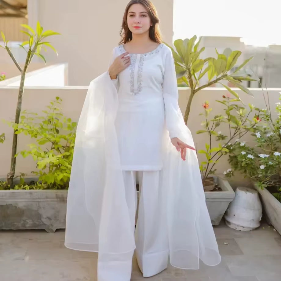 Solid White Hand Embellished Kurta with Farshiwali Shalwar and Dupatta Traditional Indian & Pakistani Clothing