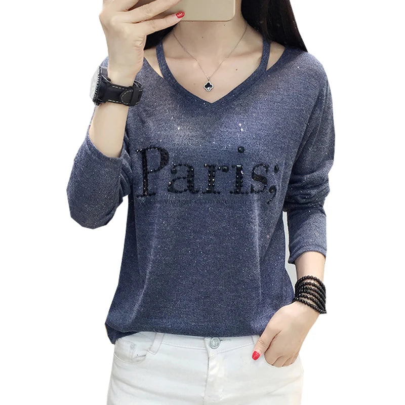 Tee Shirt Femme V-Neck T-Shirt Women Clothes 2022 Autumn Casual Diamonds Letter Tshirts Long Sleeve Tops Korean Woman Clothing
