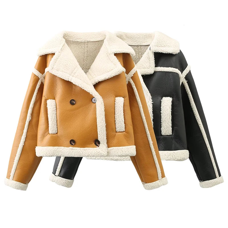 Women'S Winter Vintage Faux Leather Short Jacket Fashion Lapel Collar Thick Parkas Female Quality Outerwear Tops Clothing 2023
