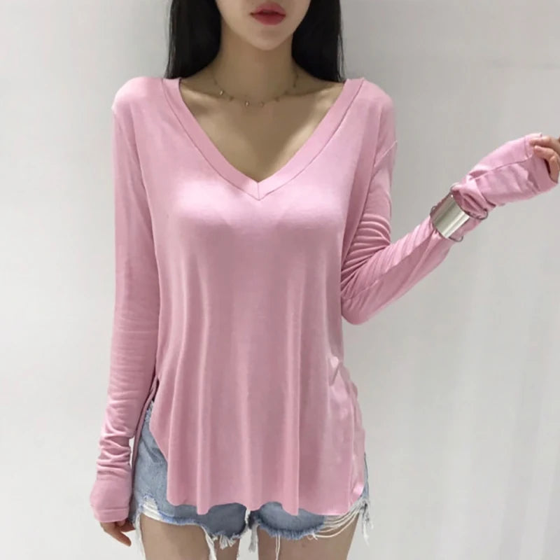 White V Neck Split T Shirt Women Autumn Korean Style Solid Woman Clothes Basic T-Shirts Long Sleeve Tops Loose Tee Shirt Female
