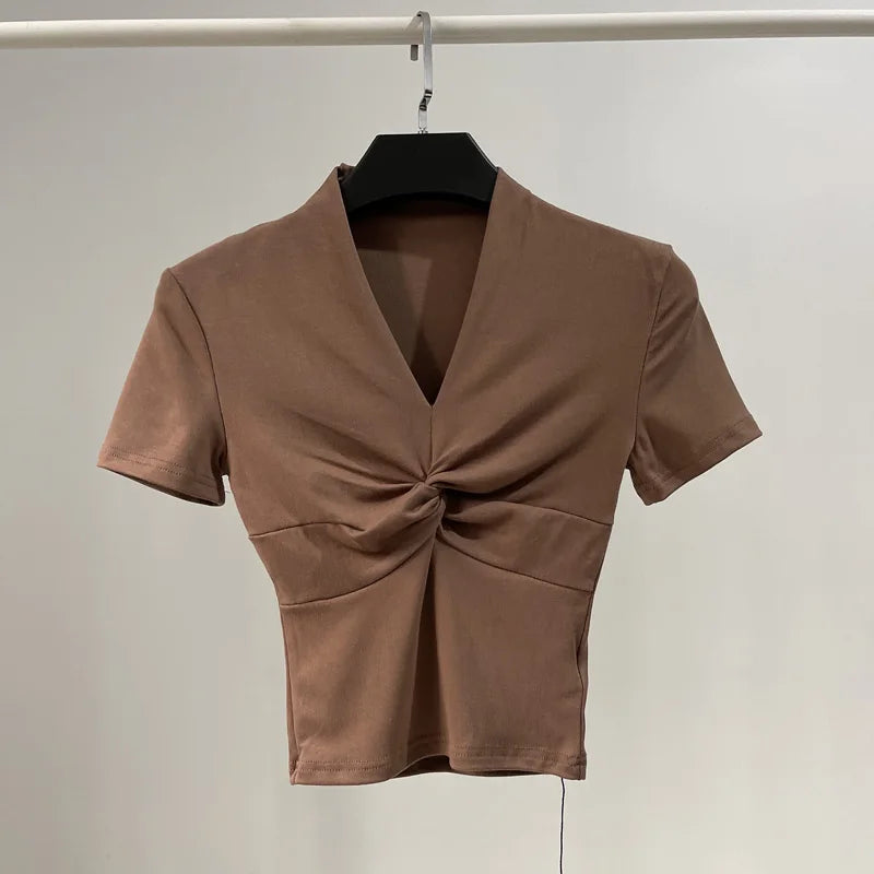 [] Cotton Summer Folds V Neck White Black Gray Short Sleeve Crop Top Basic Slim Bodycon Baby Tee Tshirt Women Y2K Girl