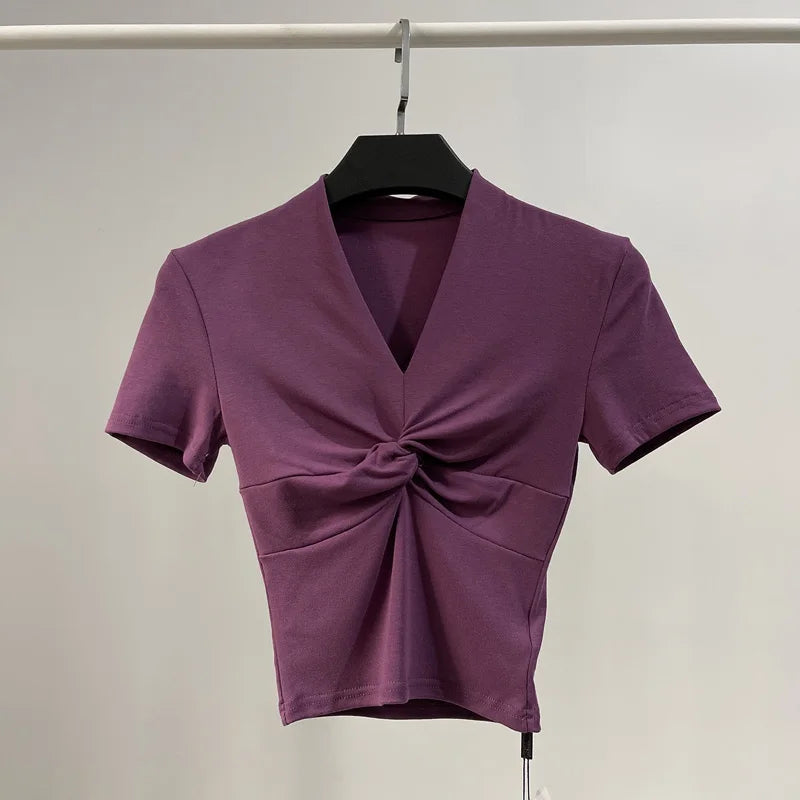 [] Cotton Summer Folds V Neck White Black Gray Short Sleeve Crop Top Basic Slim Bodycon Baby Tee Tshirt Women Y2K Girl