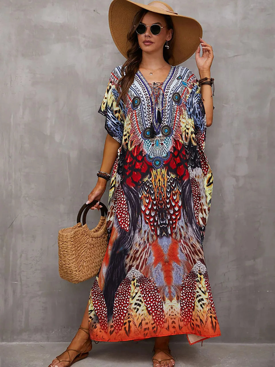 2023 Priint Maxi Dress Beach Cover up Kaftan Robe Plage Pareos V Neck Long Dresses Summer Women Bathing Suit Cover up Beachwear