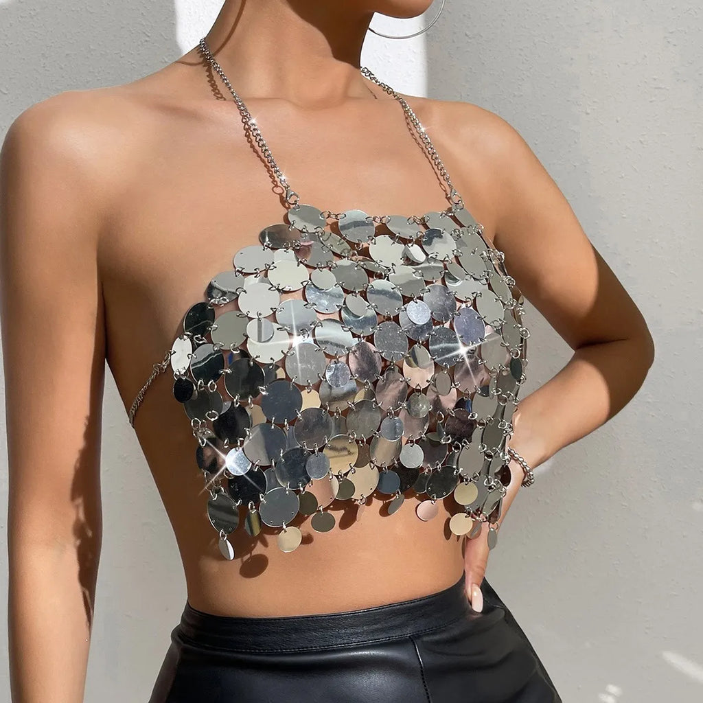 Cosysail Sexy Double-Layer Sequin V-Neck Cheat Crop Tops Vest for Female 2023 Trendy Sleeveless Tank Tops Party Club Tube Shirts