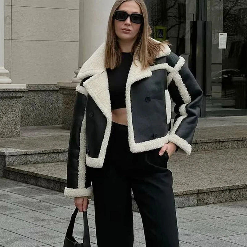 Women'S Winter Vintage Faux Leather Short Jacket Fashion Lapel Collar Thick Parkas Female Quality Outerwear Tops Clothing 2023